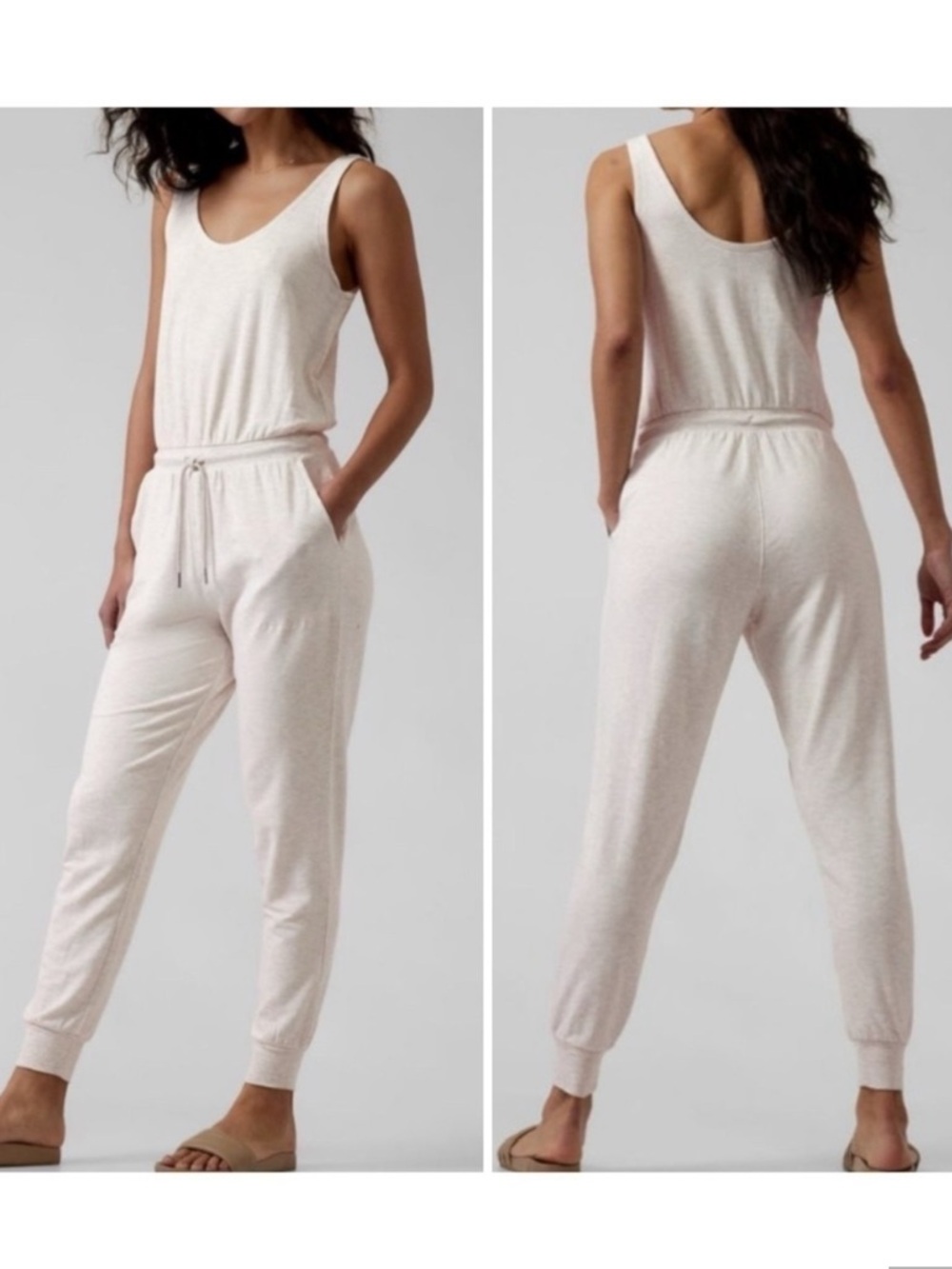 Athleta Balance Jumpsuit Tan Heathered Jogger Sleeveless Stretchy Loungewear NWT